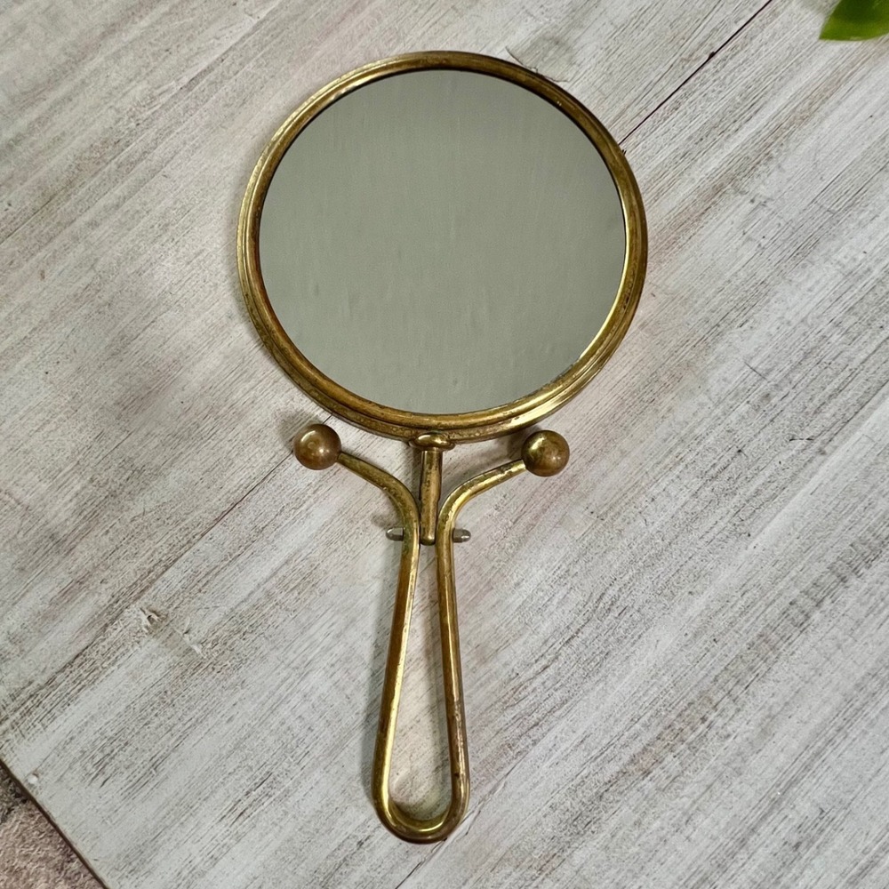 Vintage Brass Handheld Vanity Mirror Tabletop Easel Stand Round Gold MCM Regency